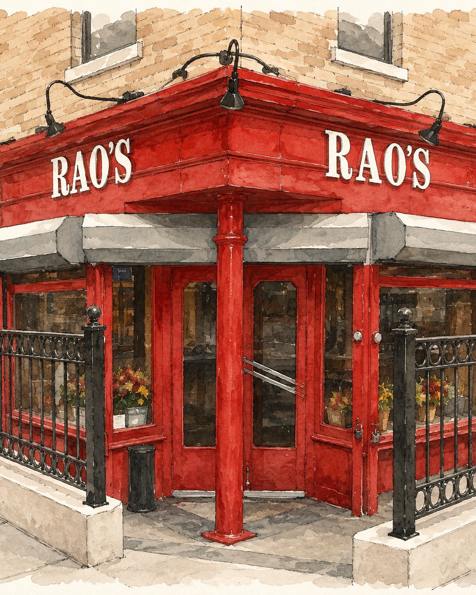The original Rao's storefront on the corner of 114th and Pleasant Avenue, East Harlem.
